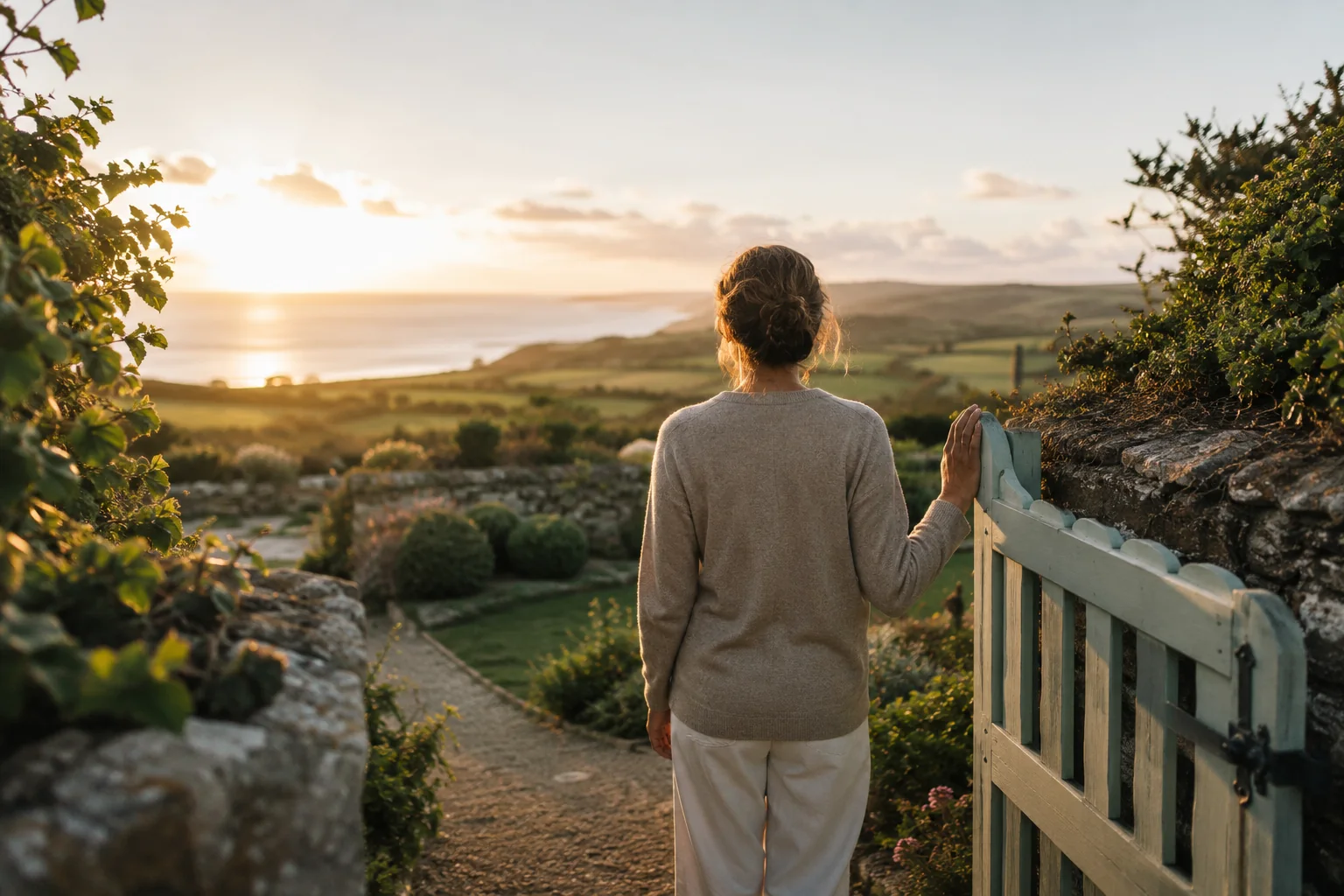 Woman looking across coastal countryside in the evening light